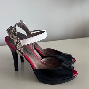 Moda Spana Black Patent Peep-Toe Heels with White Strap and Red Accents